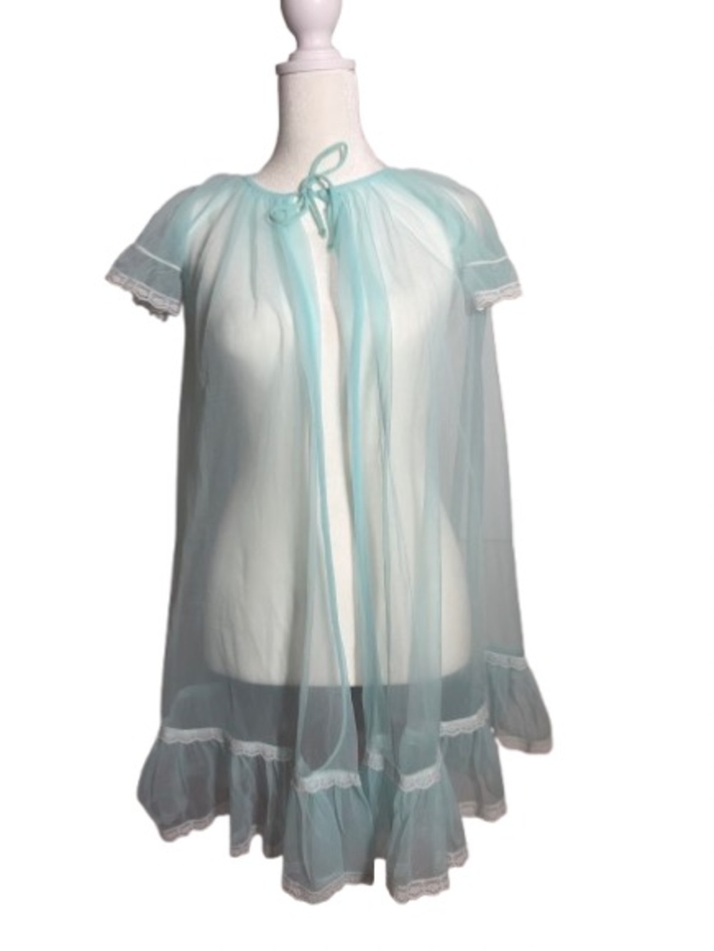 Vintage Sheer Aqua Blue Peignoir Sexy Robe W/Ruffles Lingerie FLAW